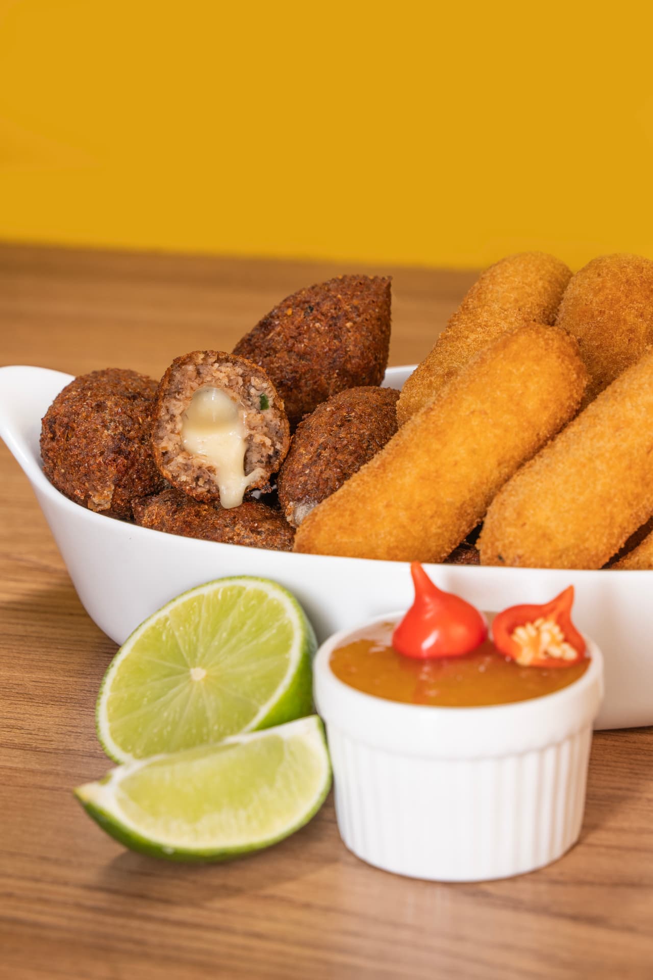 Kibes recheados com queijo e palitos empanados
